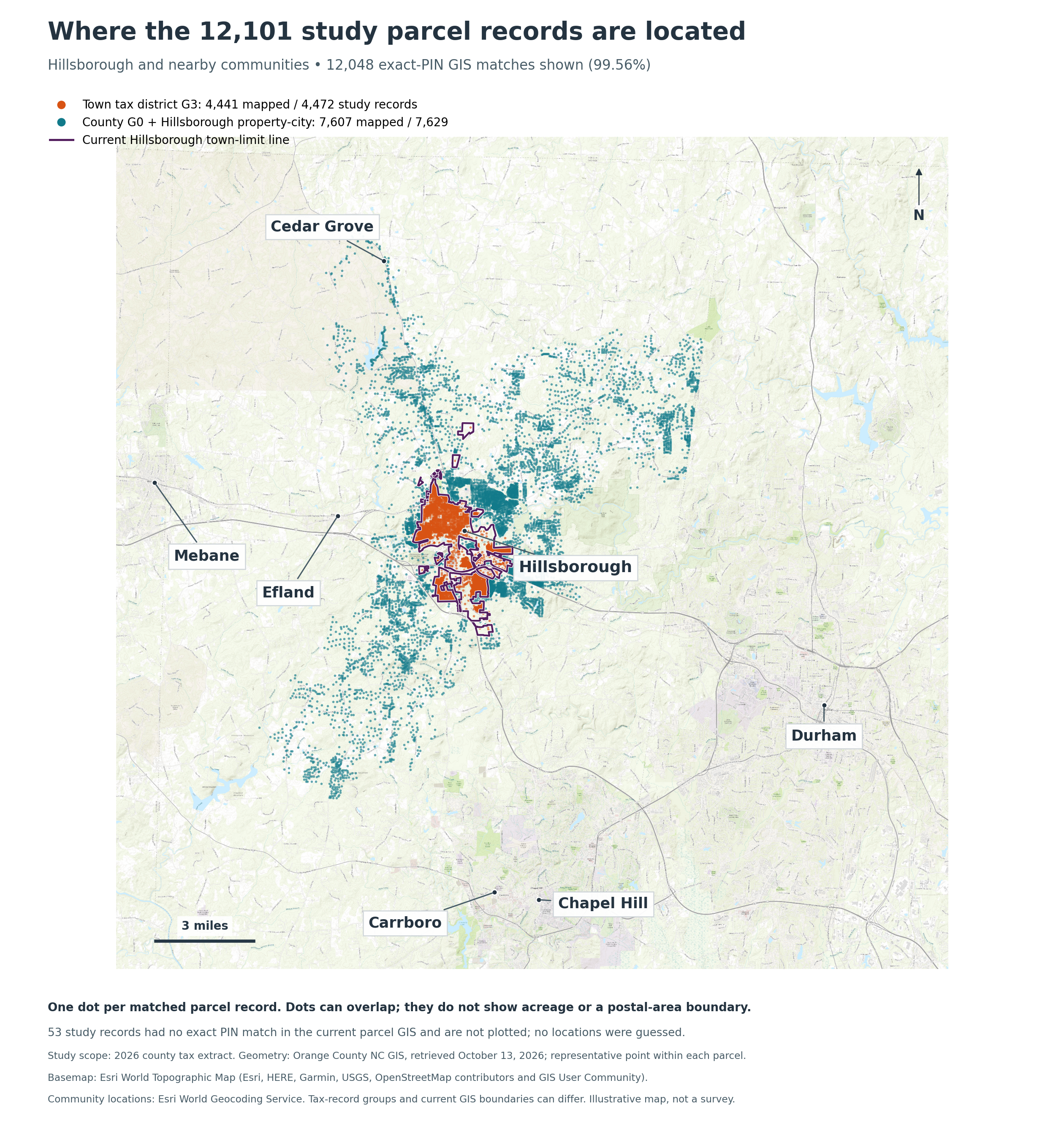 Saved regional map: orange Town tax records, teal County/Hillsborough-address records and purple municipal boundary